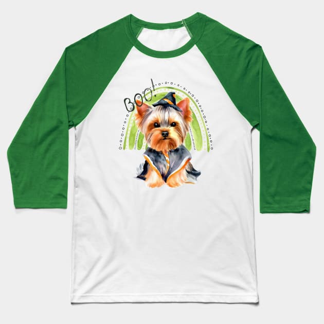 Cute Yorkie Halloween with Green Rainbow Baseball T-Shirt by AdrianaHolmesArt